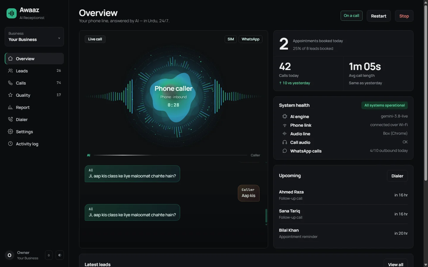 Awaaz dashboard during a live call