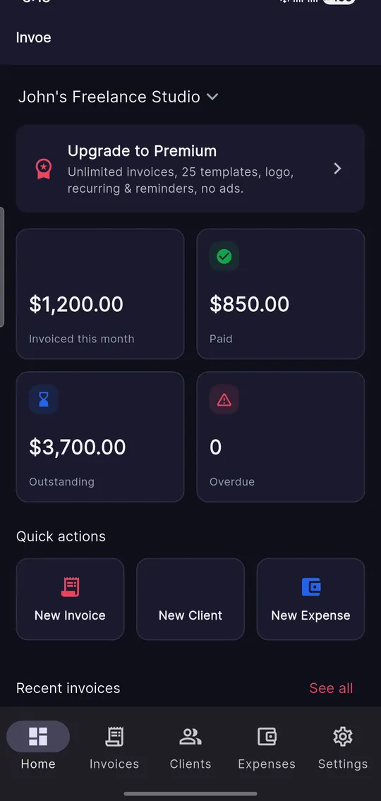 Invoe dashboard in dark mode