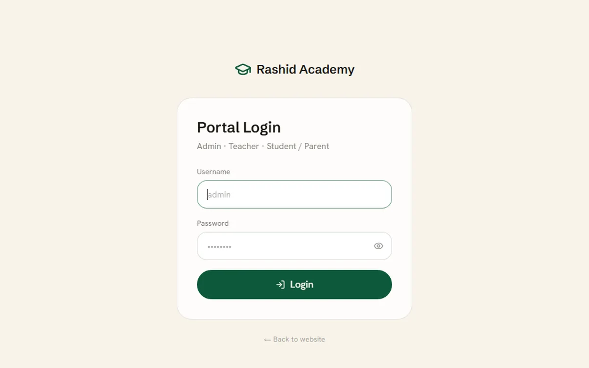 M. Rashid Academy portal login built by OMA Tech Studio